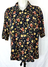 Naif Navy Blue Floral Button-Front S/S Tie-Waist Poly/Spandex Knit Shirt L