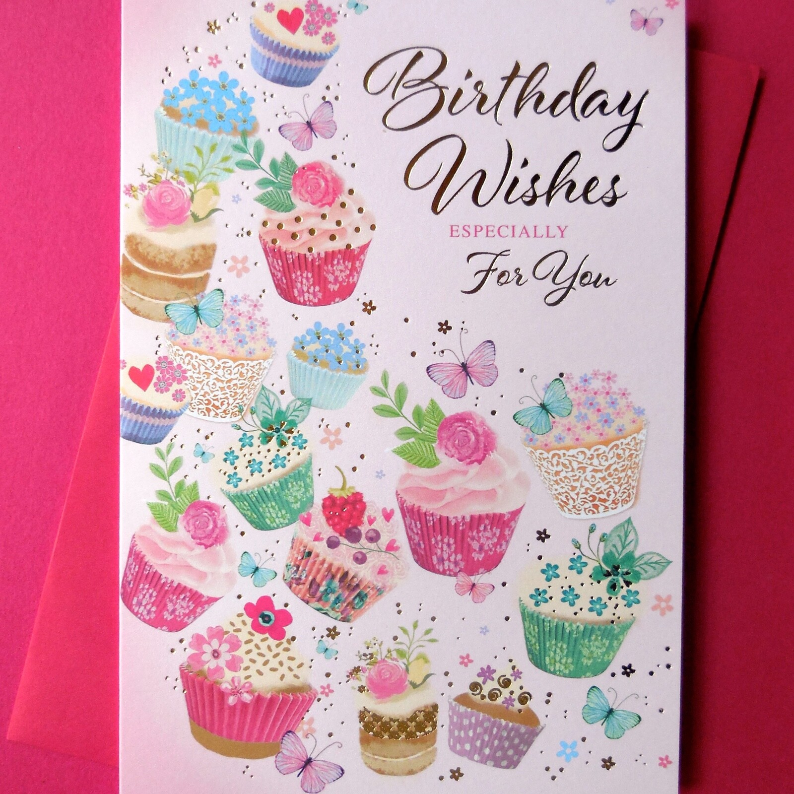 Birthday Card Female Cupcakes Cakes Female Ladies Women Open Flowers Butterflies