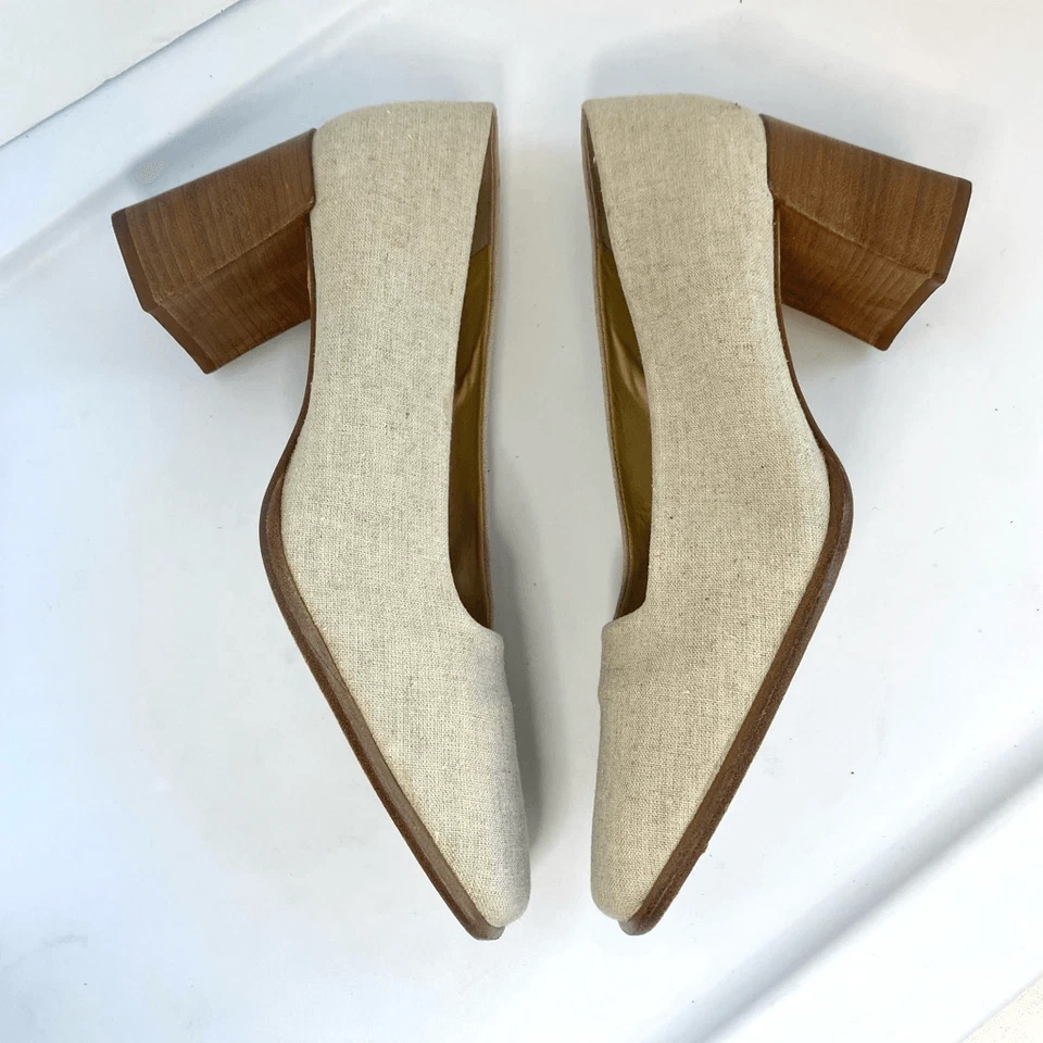 Zapatos de salón Nine West beige tostado lino como tela punta cuadrada madera bloque tacón mujer Foto 3 de 4