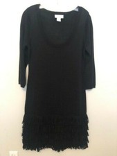 NEW Soft Surroundings S Black Fringe Wool Knee Length 3/4 Sleeve Sweater Dress