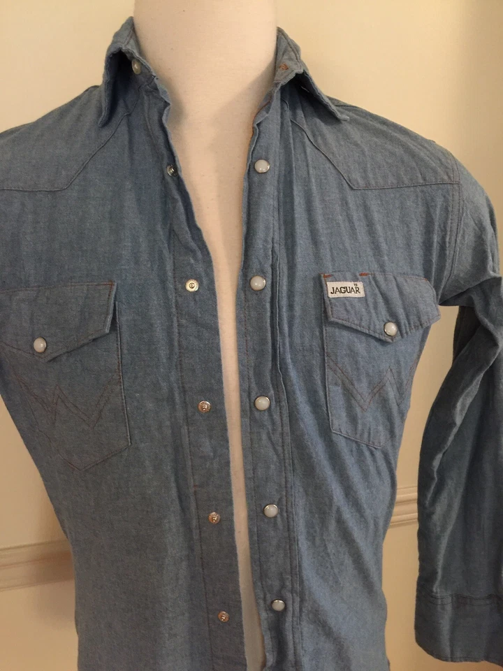 Hombres Jaguar Snap Manga Larga L/S Camisa Azul Sólido Bolsillo Algodón Occidental Pequeña Usada en Excelente Condición Foto 3 de 4