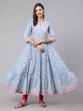 Indian Women blue Cotton Floral Printed Anarkali Kurta Kurti Dress