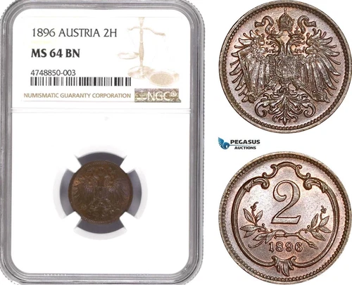 AE295, Austria, Franz Joseph, 2 Heller 1896, Vienna, NGC MS64BN, Top Pop!