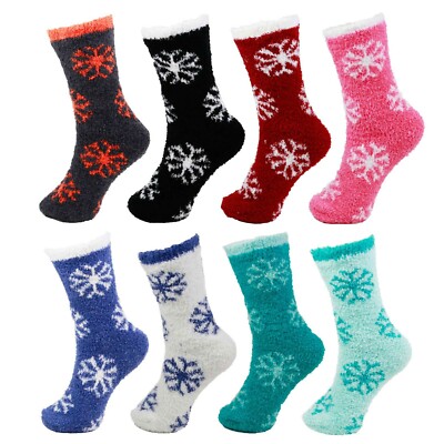 BambooMN Women's Fuzzy Multicolor Snowflake Winter Socks - 8 Pair Value Pack