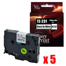 5PK Black on White Label TZ-231 with Brother TZe-231 P-Touch Tape 12mm x 8m