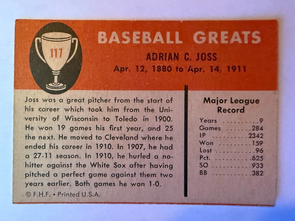 1961 Fleer #117 Baseball Greats - Addie Joss Excellent NM - Image 2 of 2