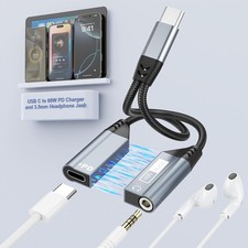 Magnetic USB C to 3.5mm Headphone and Charger Adapter,2 in 1 C Black