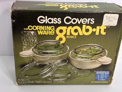 Pyrex P-150-C  2 piece Clear Glass Grab It Bowl Cover Lid for Corning Ware & Box