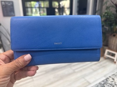 Bally Leather Blue Continental Trifold Wallet Genuine Leather Snap Closure