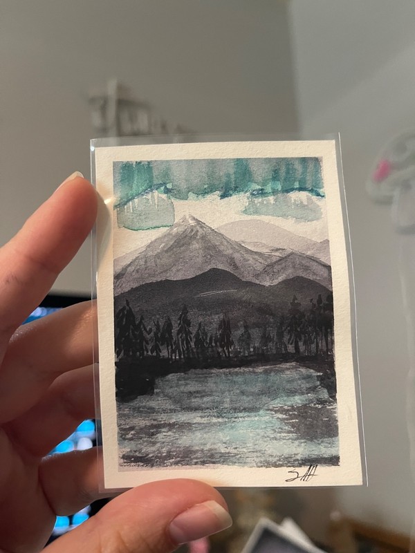 aceo art card original signed 2.5x3.5 watercolor"northern lights with mountains"