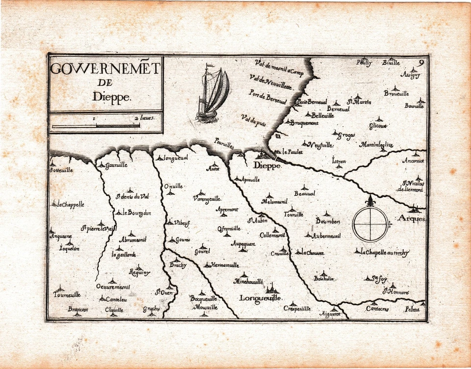 Carte Géographique XVIIe Dieppe Seine Maritime Normandie Saint Aubin Tassin 1634 - Photo 2/4