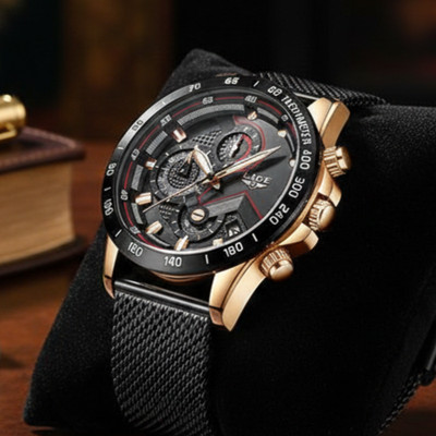 Mens Luxury Chronograph Watch - Gold & Blue - Stainless Mesh - Business Elegant -
