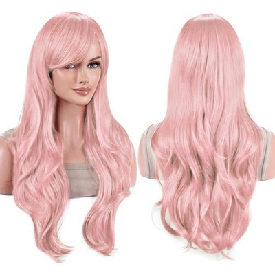 IMISSU 28 Inch/70cm Long Hair Water Wavy Wigs with Bangs Cosplay Bright Pink 