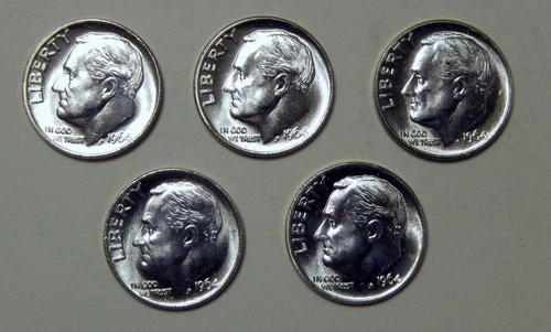 $6.00 UNDER SPOT   Five (5) 1964 Roosevelt 90% Silver Dimes  BU   .3615 Troy Oz