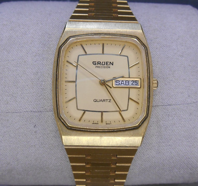 GRUEN PRECISION JAPAN MOV'T MEN'S GOLD TONE QUARTZ WATCH Day/Date Not Working