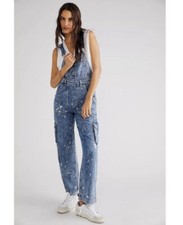 NEW FREE PEOPLE Sz Small SUTTON UTILITY OVERALL Denim Paint Splatter