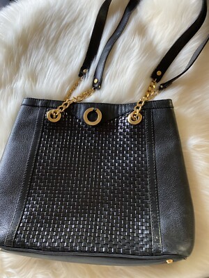 Vintage Bally Black Woven & Pebbled Leather Shoulder Tote Vintage Bally Black Woven & Pebbled Leather Shoulder Tote