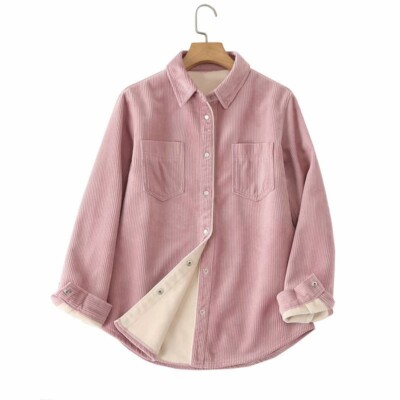 Lady Corduroy Fleece Lined Shirts Top Soft Solid Long Sleeve Loose Casual Warm