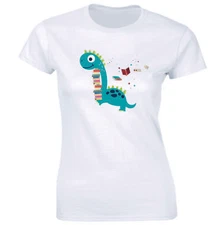 Dinosaur with Books Image T-Shirt for Women Book Worm Tee