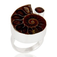 Natural Ammonite & Round Cut Garnet 925 Sterling Silver Statement Ring Jewelry