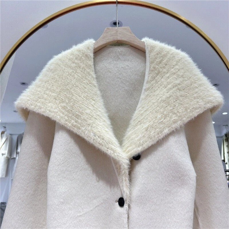 OFF WHITE 2024 Nuovo Cappotto Lana Doppio Lato Collo Pelliccia Flip Donna Bottoni Corto Lana