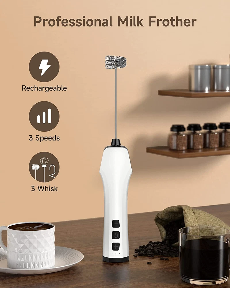 Milk Frother Handheld USB Rechargeable Milk Foam Maker 3 Stainless Whisks