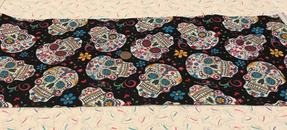 Sugar Skulls on Black * David Textiles * 100% Cotton Remnant * 21" x 8 ...
