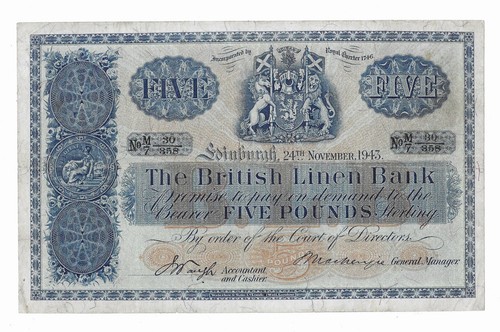 SCOTLAND BRITISH LINEN BANK £5 Banknote 24th Nov 1943 Prefix M/7 SC213c RARE - Picture 1 of 2