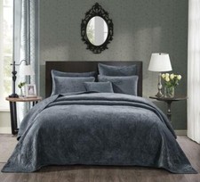Tache Crushed Velvet Dark Deep Blue Grey Soft Plush Waves Bedspread Coverlet Set