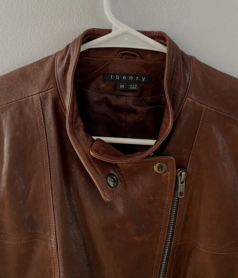 Theory Moto Lamb Leather Jacket Brown Lined Assymetrical Zipper Women's Size M - Image 2 of 4