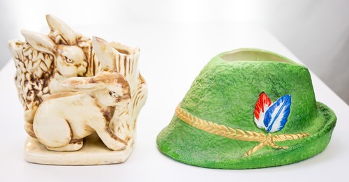 Vintage McCoy Pottery Bunny Rabbit Tree Stump Planter & Alpine Hat Ceramic Lot