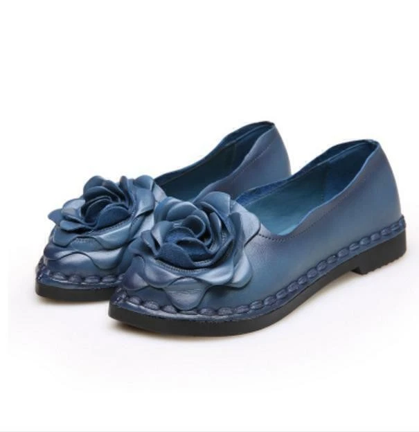 Retro Women's Ladies Leather Floral Decor Shoes Casual Outdoor Slip On Loafers - Image 4 of 4