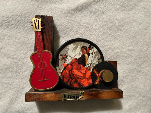 Vintage Espana Spanish Dancer Wooden 5 Coaster Set Red Guitar Spain Souvenir