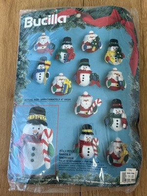 VTG 1994 Bucilla Felt Applique Ornaments Kit #83140 ROLY POLY SANTA & SNOWMEN