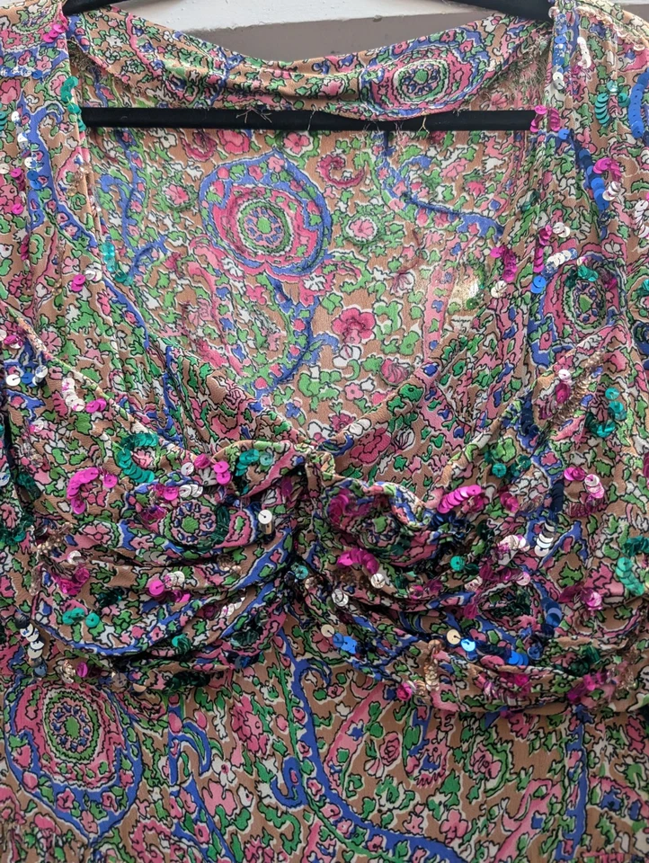 1940's Cold Rayon Pink Blue Floral Sequin Embellished Dress Side Zip Small - Image 3 of 4