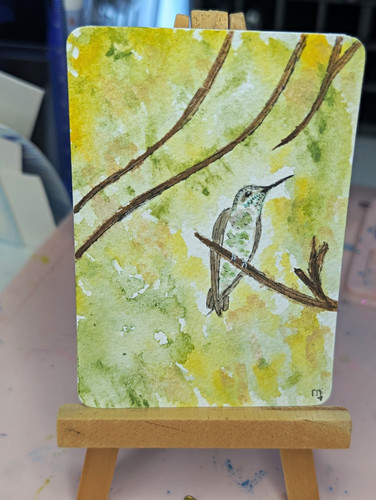 ACEO Original Hummingbird on Branch Watercolor Bird Painting Wildlife Landscape