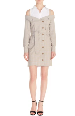Maje Women's Beige Plaid Short Shirt Dress Size 38 FR 10 UK 6 US E19REDWAN - Photo 1/4