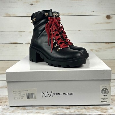 Neiman Marcus Lucy-P Black Leather Lace-Up Ankle Boots Women s 8.5 NIB READ