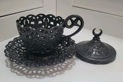Vtg Turkish Coffee Cup Holder Saucer & Lid A&R Filigree Crescent Moon Zarf