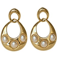 1980s Vintage Napier Earrings Dangle Drop Hoop Gold Tone and Faux Pearl Signed