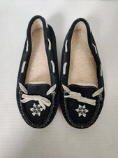 LL Bean Suede Shearling-Lined Moccasin Slippers Womens 6 M Navy Blue