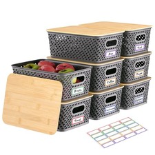 8 Packs Plastic Storage Bins with Bamboo Lids - Stackable Storage Bins Decora...