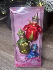 Disney Store Sleeping Beauty Fairy Godmother Doll Set Flora Fauna Merryweather