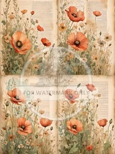 Poppies and Pages Quad | A4 Rice Paper | Paper for Decoupage | Decoupage Central
