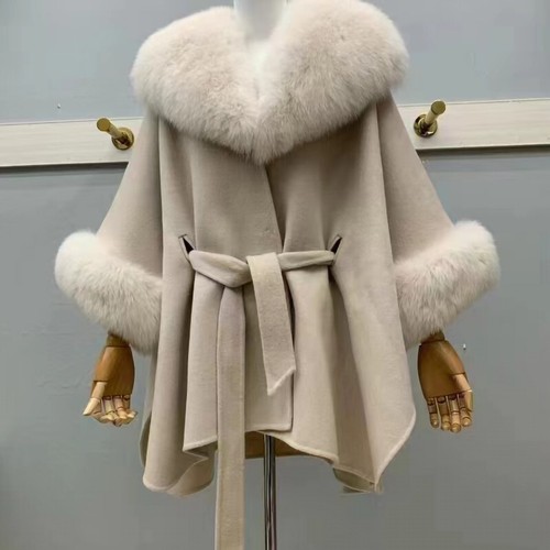 Poncho de lana para mujer cinturón cuello de piel de zorro real solapa puño de piel capa de lana abrigo - Imagen 19 de 22