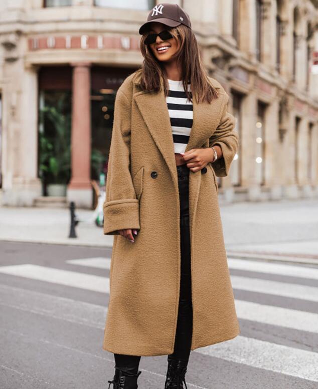 Nuova giacca casual donna lana lunga trench doppia fila due bottoni outwear top