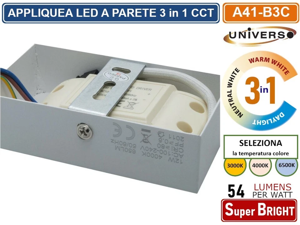 APPLIQUE LED RETTANGOLARE A PARETE 12W CCT 3 COLORI LUCE SELEZIONABILI IP20 - Immagine 4 di 4