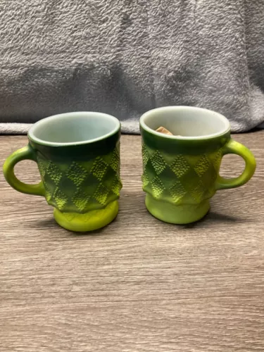 Vintage Anchor Hocking Fire King Mugs Kimberly Diamond Coffee Cup Green Ombré