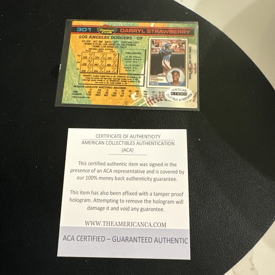 1991 Stadium Club Darryl Strawberry (#301) Signed Dodgers With COA - Image 2 of 2