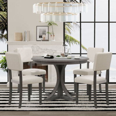 Retro Round 5pc Dining Set, Curved Trestle Legs, Upholstered